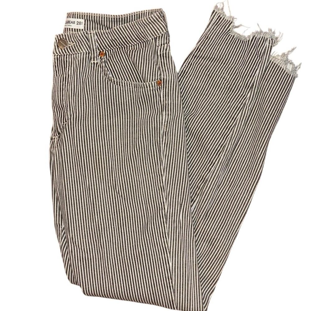 PULL&BEAR Striped Skinny Crop Jeans Sz 28 Gray White Raw Hem Stretch Cotton